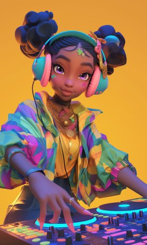 Highly detailed 3D rendering cartoon young African woman character that is playing a DJ, a character portrait trending on Polycount, stylized 3D. Candy land in the background --ar 3:4