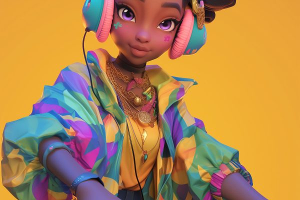 Highly detailed 3D rendering cartoon young African woman character that is playing a DJ, a character portrait trending on Polycount, stylized 3D. Candy land in the background --ar 3:4