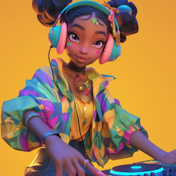Highly detailed 3D rendering cartoon young African woman character that is playing a DJ, a character portrait trending on Polycount, stylized 3D. Candy land in the background --ar 3:4