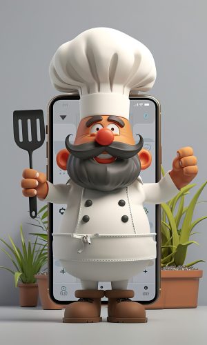 Create a 3D image of a police character stepping out of a giant smartphone, holding a spatula, with a kitchen app interface on the screen. The chef should be wearing a white hat and apron, with clear, well-defined features and no facial details necessary --ar 2:3 --style raw --stylize 300 --v 6 Job ID: e3bd5935-726e-4933-88b1-6f40994becca