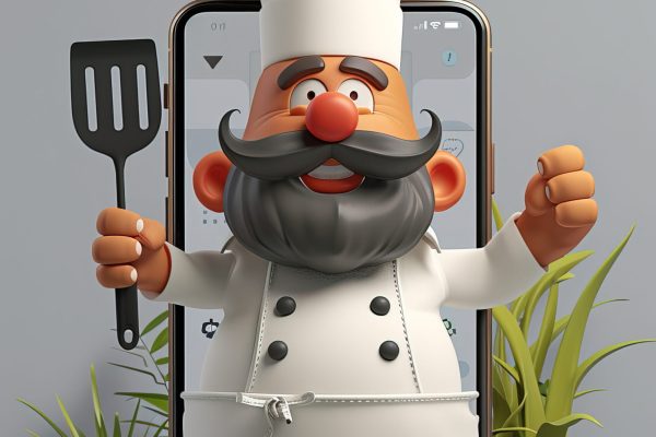 Create a 3D image of a police character stepping out of a giant smartphone, holding a spatula, with a kitchen app interface on the screen. The chef should be wearing a white hat and apron, with clear, well-defined features and no facial details necessary --ar 2:3 --style raw --stylize 300 --v 6 Job ID: e3bd5935-726e-4933-88b1-6f40994becca
