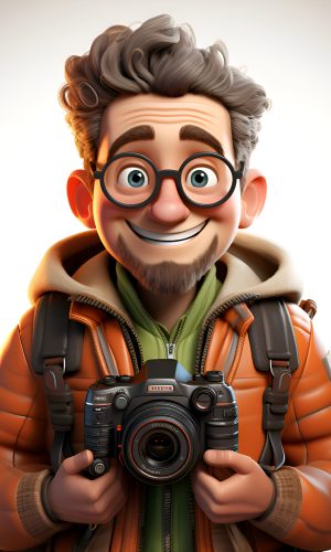 3D illustration of a funny man with a camera on his shoulder