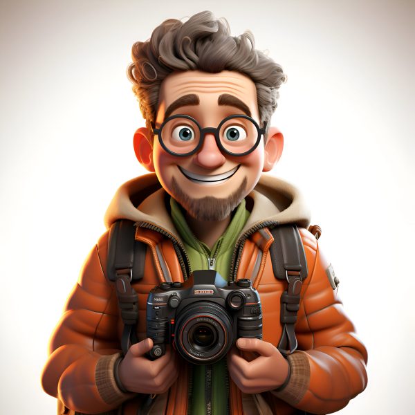 3D illustration of a funny man with a camera on his shoulder
