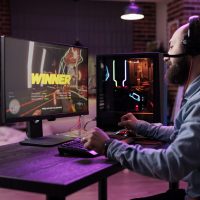 Young person winning action video games on computer Young person winning action video games on computer, playing online gaming championship. Male player celebrating gameplay win, feeling happy about rpg tournament on modern computer.